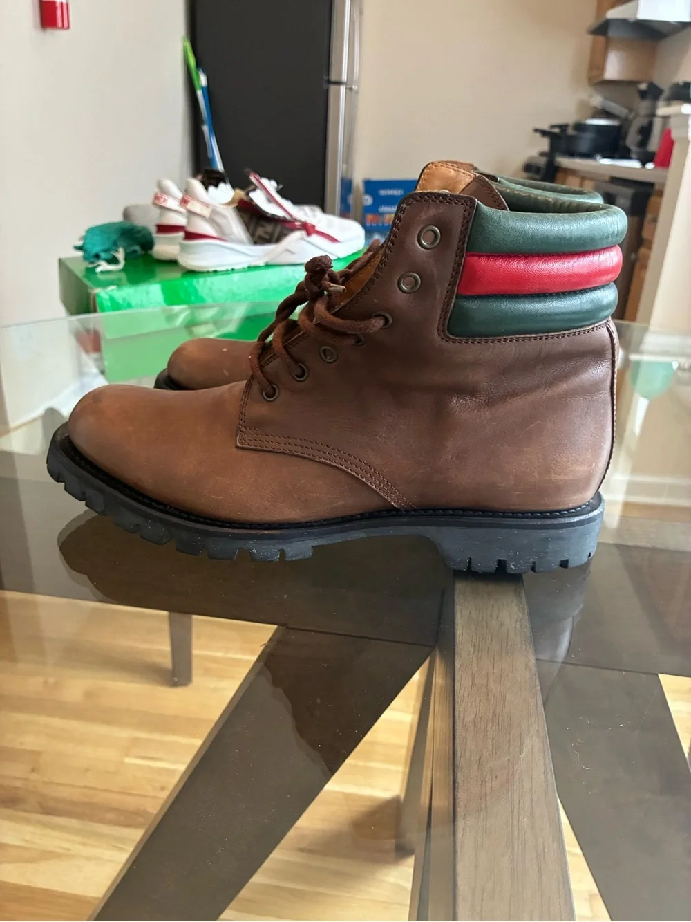 Gucci Brown Leather Lace-Up Boots with Green and Red Collar